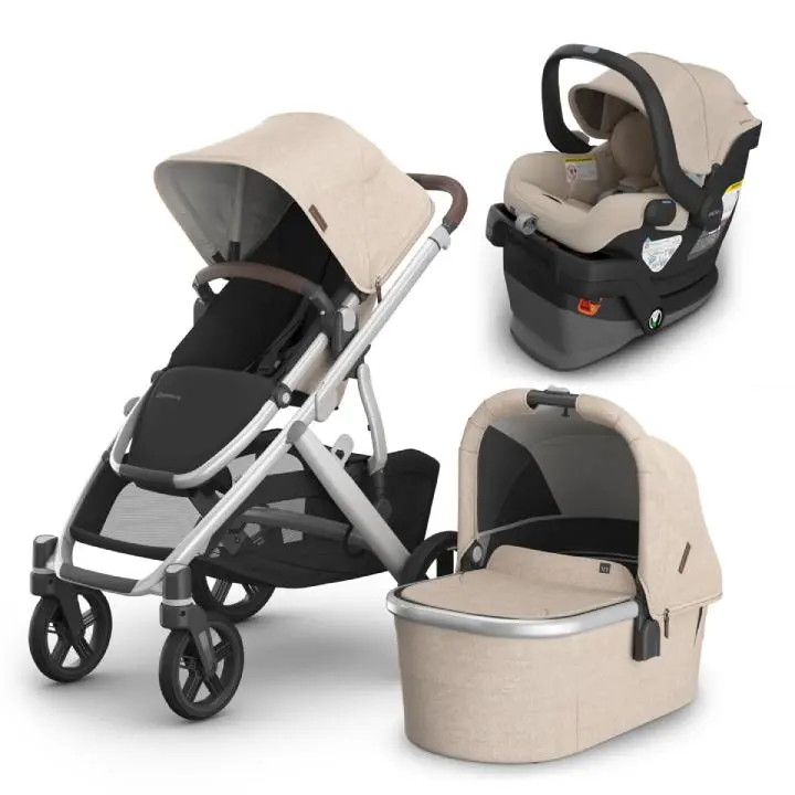 Uppababy Vista V3 Travel System Bundle (Stroller/Bassinet/Mesa V3) - Declan (Oat Melange/Chestnut Leather) 1