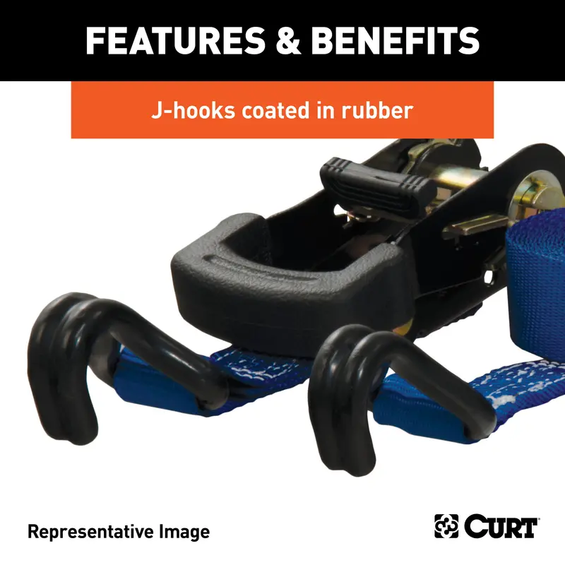 Curt 83020 Heavy-Duty Blue Cargo Straps – 16 Ft, 733 Lb Capacity, J-Hook Ends (2-Pack) 1