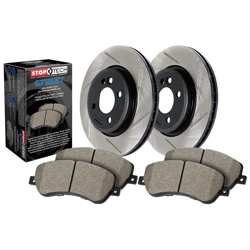 Stoptech 937.61079 Street Front Brake Kit – Slotted Rotors And Performance Pads 1