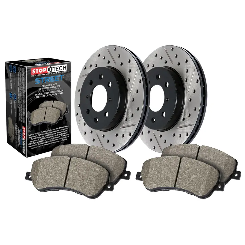 Stoptech 938.40093 Street Performance Brake Kit – Drilled & Slotted Front Rotors And Pads 1