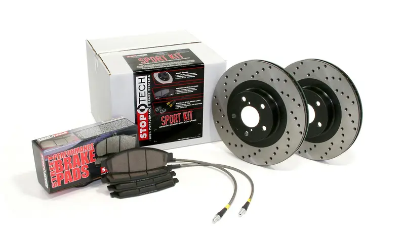 Stoptech Sport Axle Pack – Front Drilled Rotors With Stainless Steel Brake Lines 1