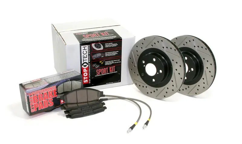 Stoptech Sport Rear Brake Kit – Slotted & Drilled Rotors With Stainless Steel Brake Lines 1